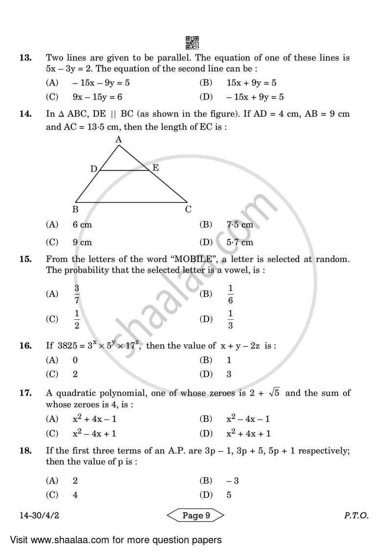 Mathematics 2023-2024 Class 10 - CBSE (Central Board of Secondary Education) question paper with PDF download