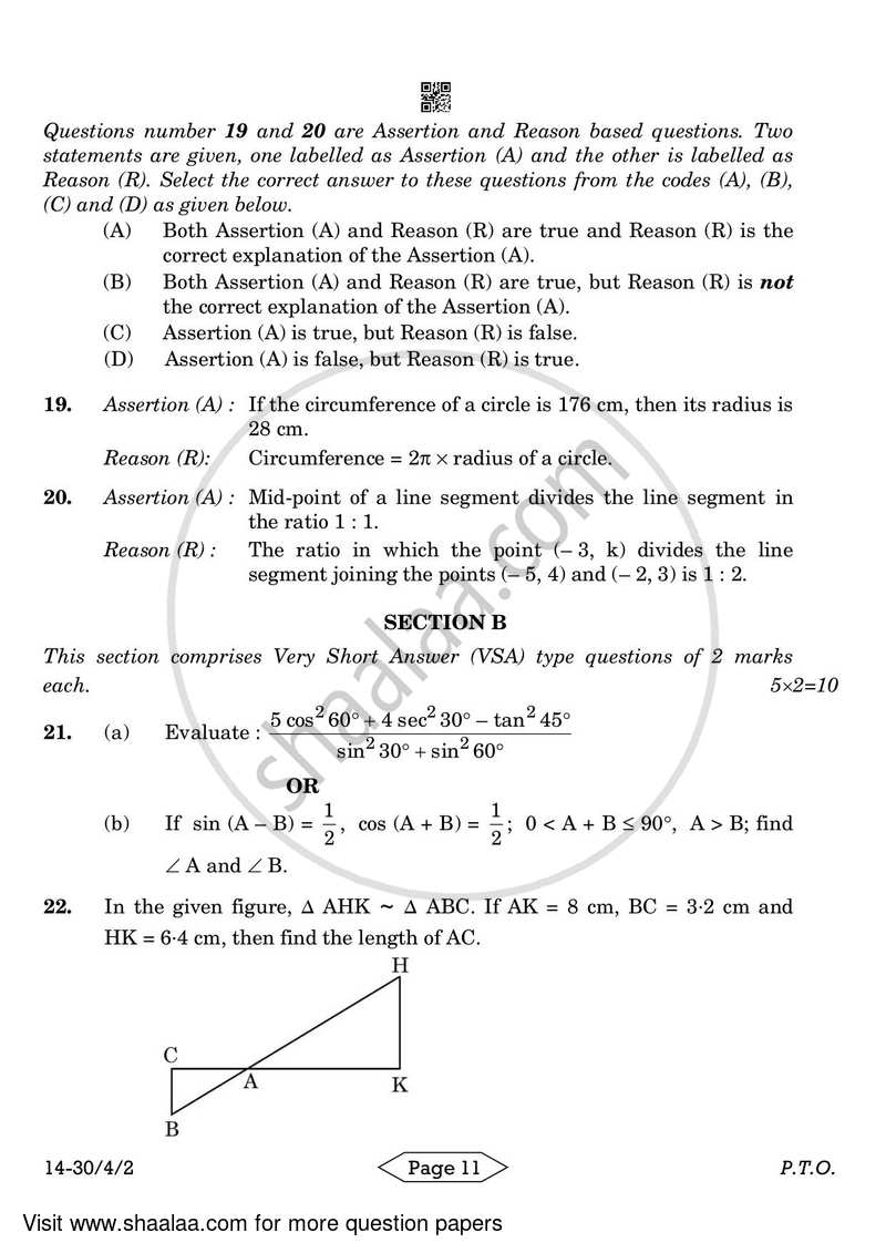 Mathematics 2023-2024 Class 10 - CBSE (Central Board of Secondary Education) question paper with PDF download