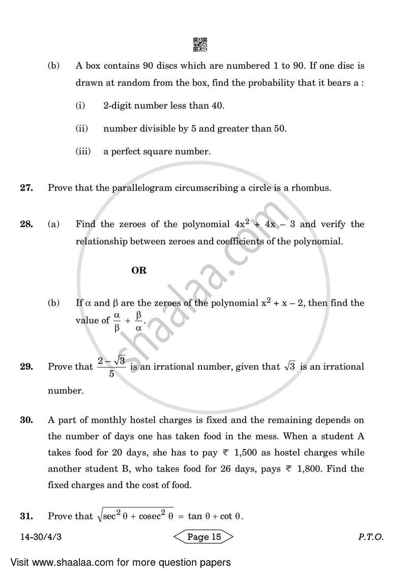 Mathematics 2023-2024 Class 10 - CBSE (Central Board of Secondary Education) question paper with PDF download