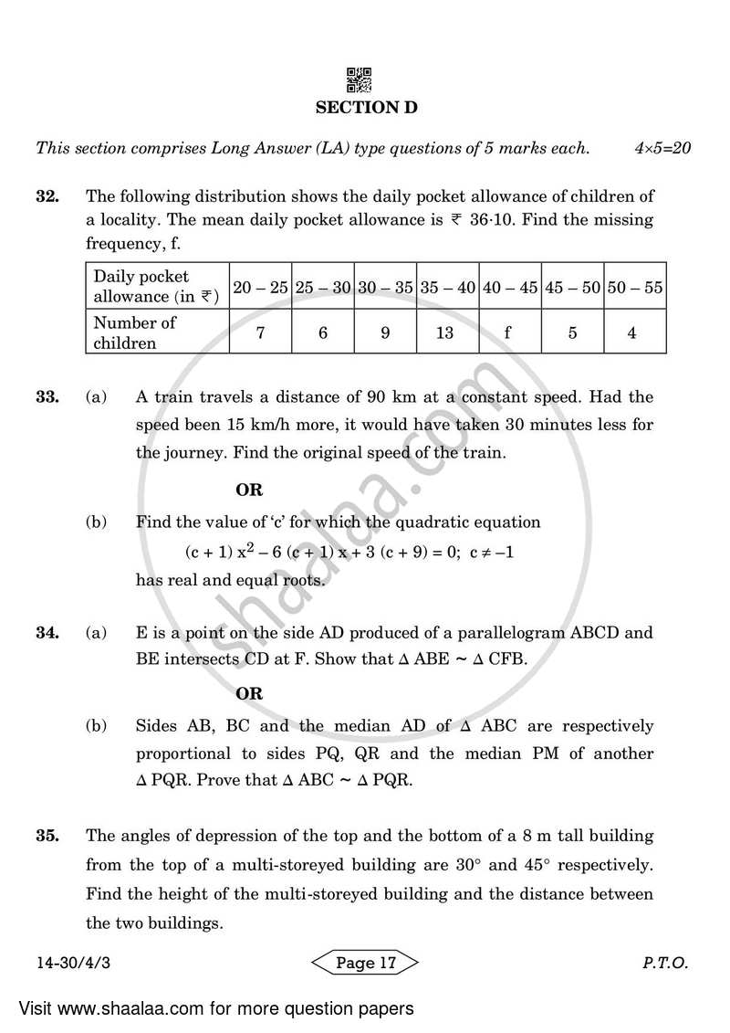 Mathematics 2023-2024 Class 10 - CBSE (Central Board of Secondary Education) question paper with PDF download