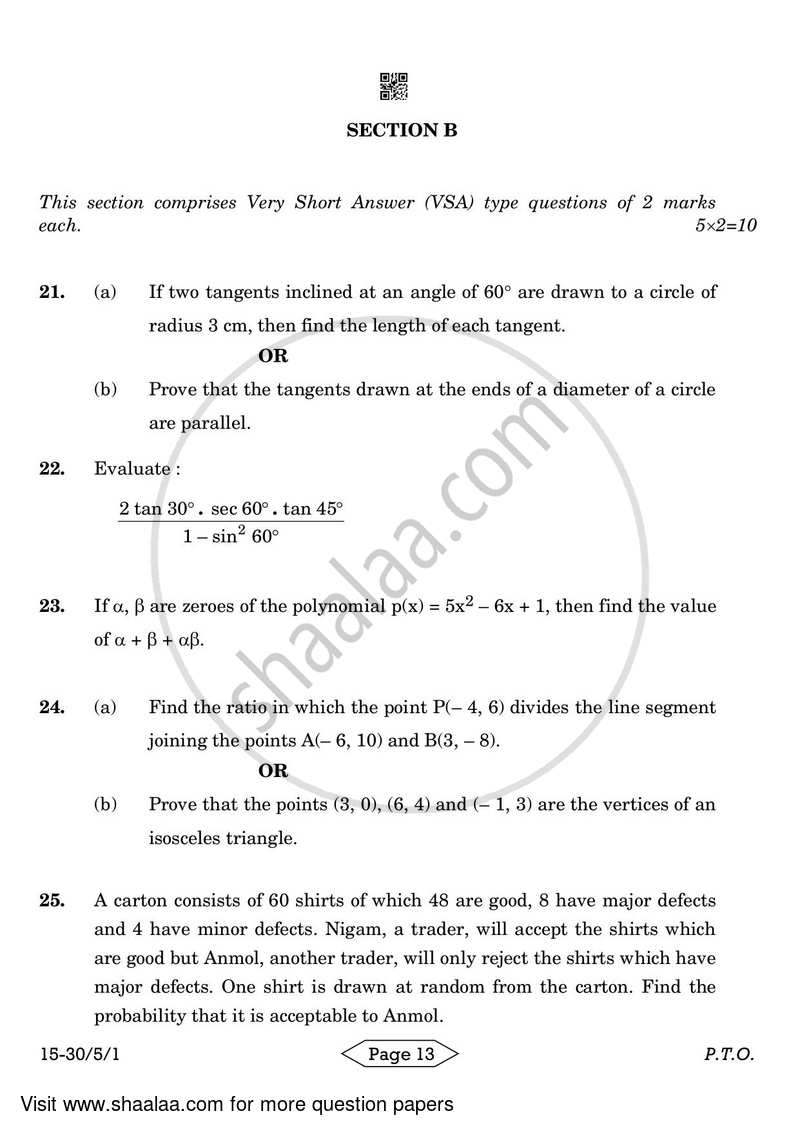 Mathematics 2023-2024 Class 10 - CBSE (Central Board of Secondary Education) question paper with PDF download