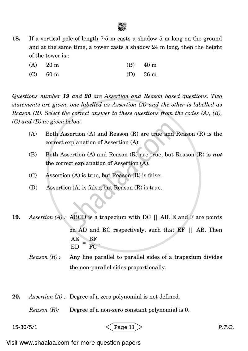 Mathematics 2023-2024 Class 10 - CBSE (Central Board of Secondary Education) question paper with PDF download