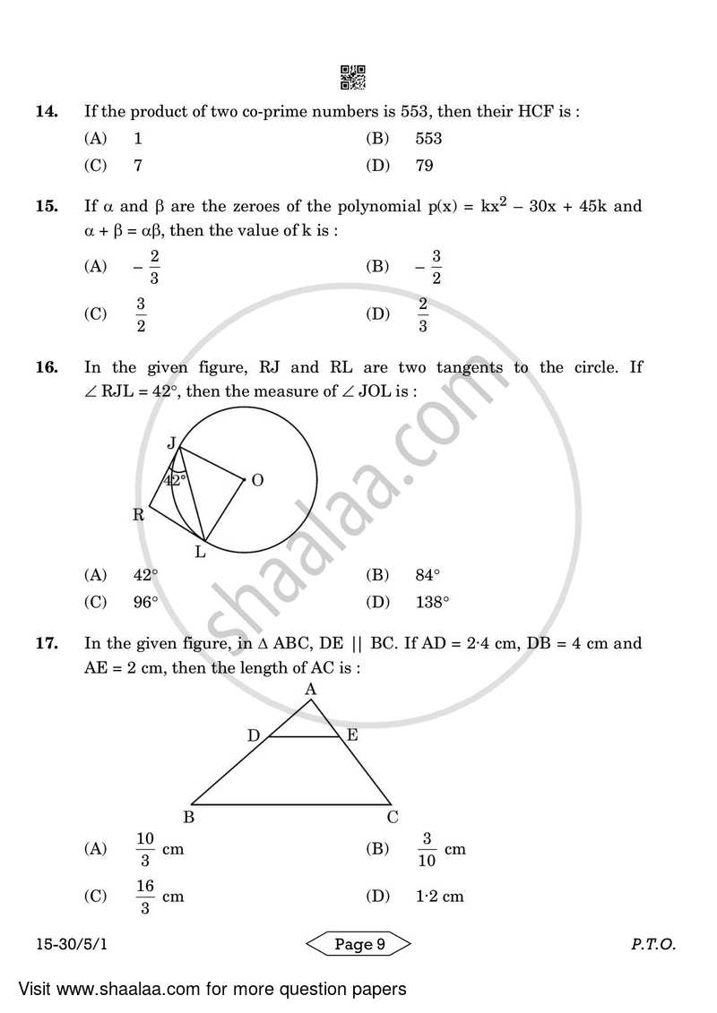 Mathematics 2023-2024 Class 10 - CBSE (Central Board of Secondary Education) question paper with PDF download