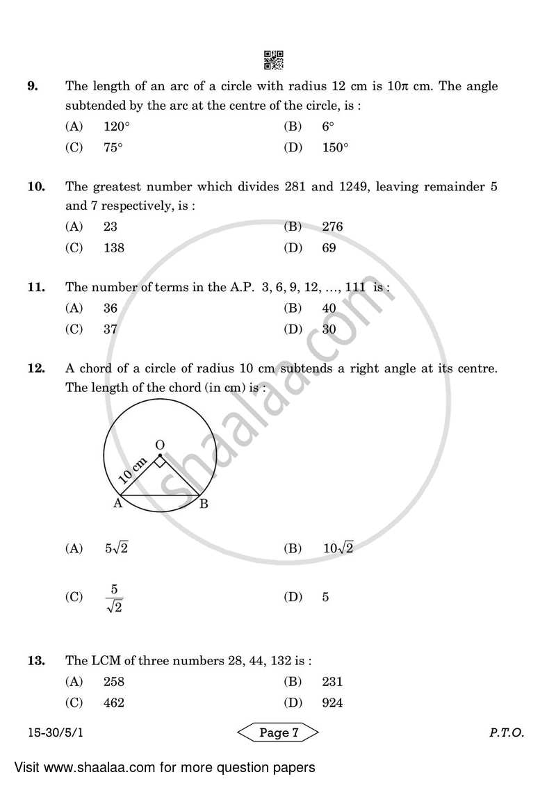 Mathematics 2023-2024 Class 10 - CBSE (Central Board of Secondary Education) question paper with PDF download