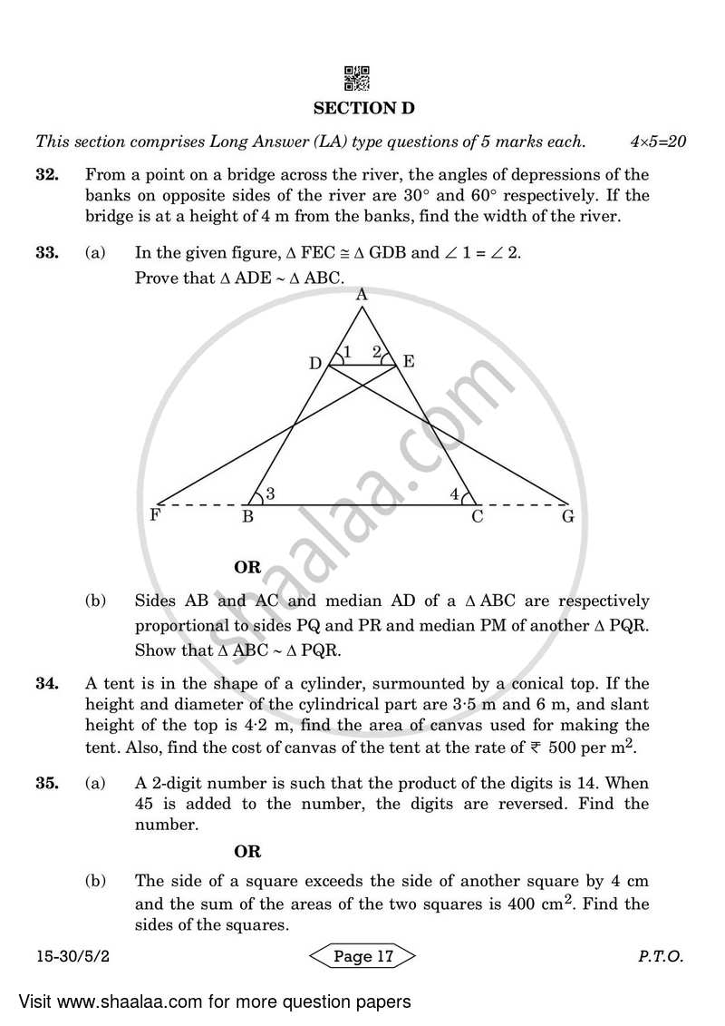 Mathematics 2023-2024 Class 10 - CBSE (Central Board of Secondary Education) question paper with PDF download