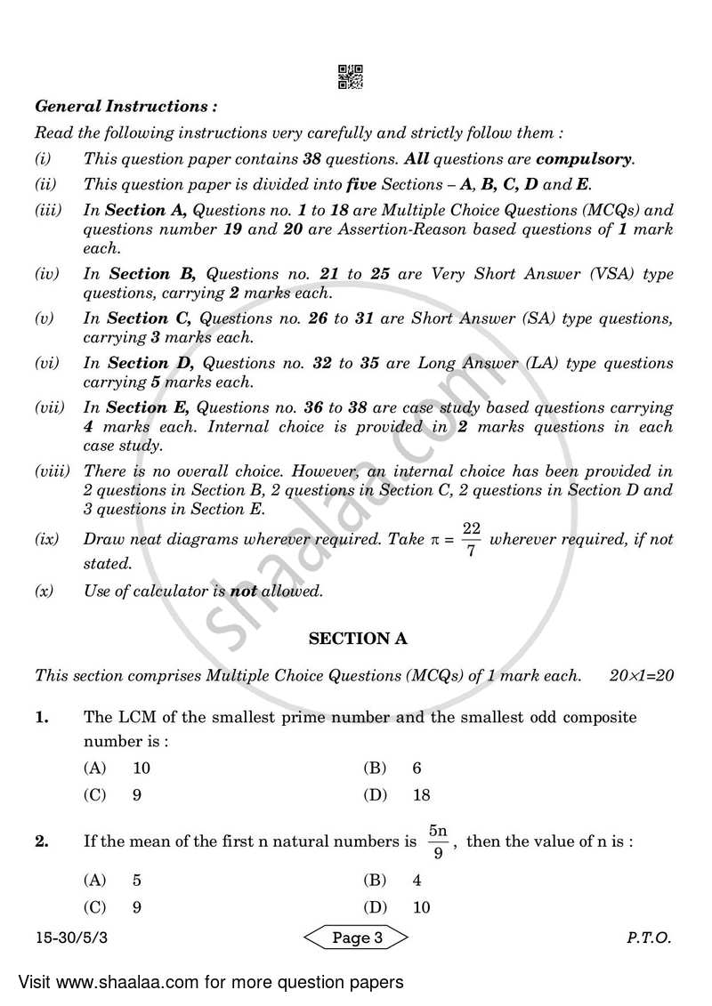 Mathematics 2023-2024 Class 10 - CBSE (Central Board of Secondary Education) question paper with PDF download