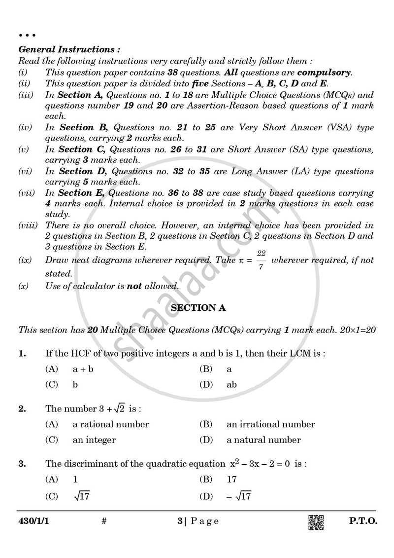 Mathematics 2024-2025 Class 10 - CBSE (Central Board of Secondary Education) question paper with PDF download