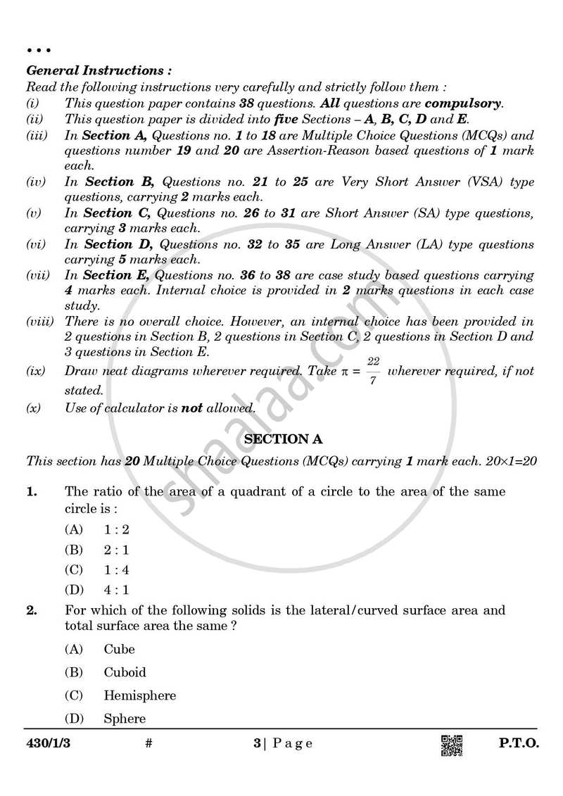 Mathematics 2024-2025 Class 10 - CBSE (Central Board of Secondary Education) question paper with PDF download