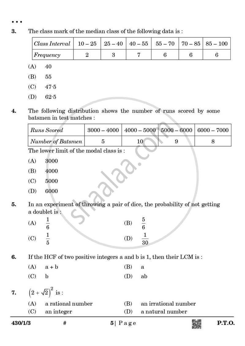 Mathematics 2024-2025 Class 10 - CBSE (Central Board of Secondary Education) question paper with PDF download