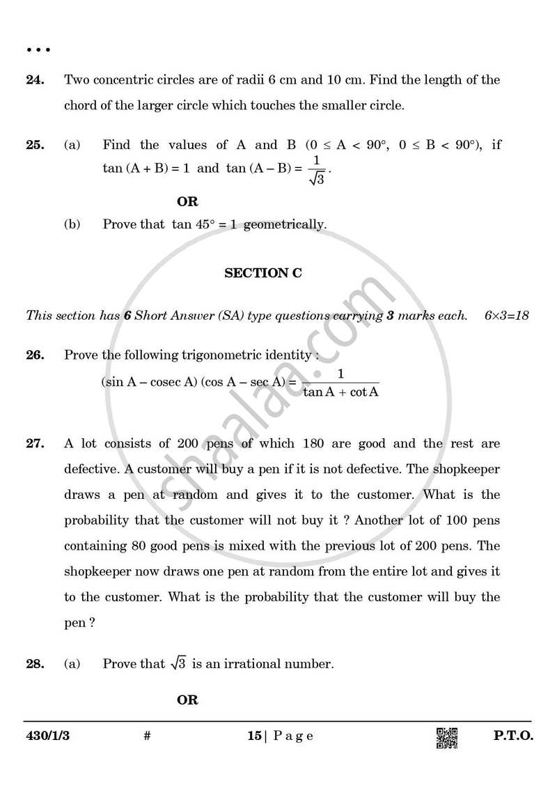 Mathematics 2024-2025 Class 10 - CBSE (Central Board of Secondary Education) question paper with PDF download