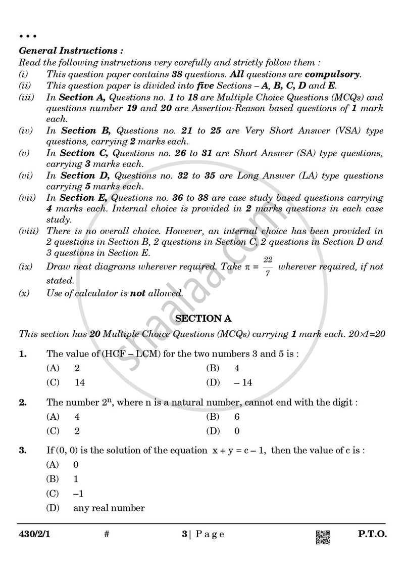 Mathematics 2024-2025 Class 10 - CBSE (Central Board of Secondary Education) question paper with PDF download