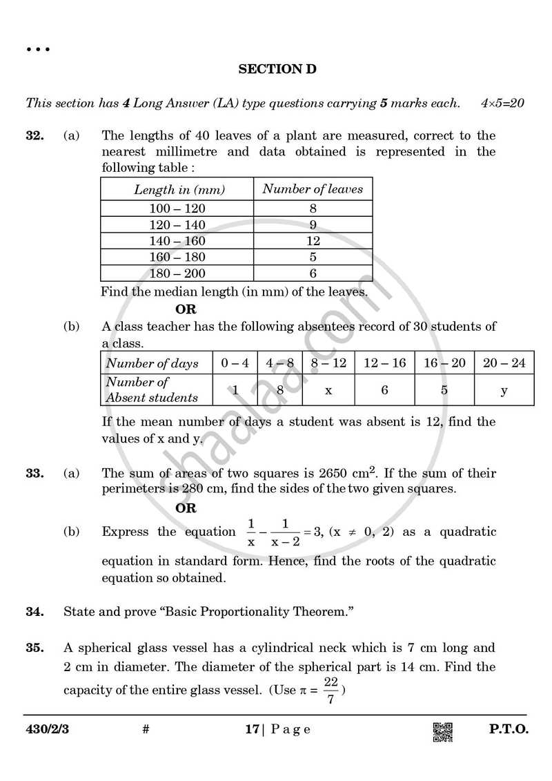 Mathematics 2024-2025 Class 10 - CBSE (Central Board of Secondary Education) question paper with PDF download