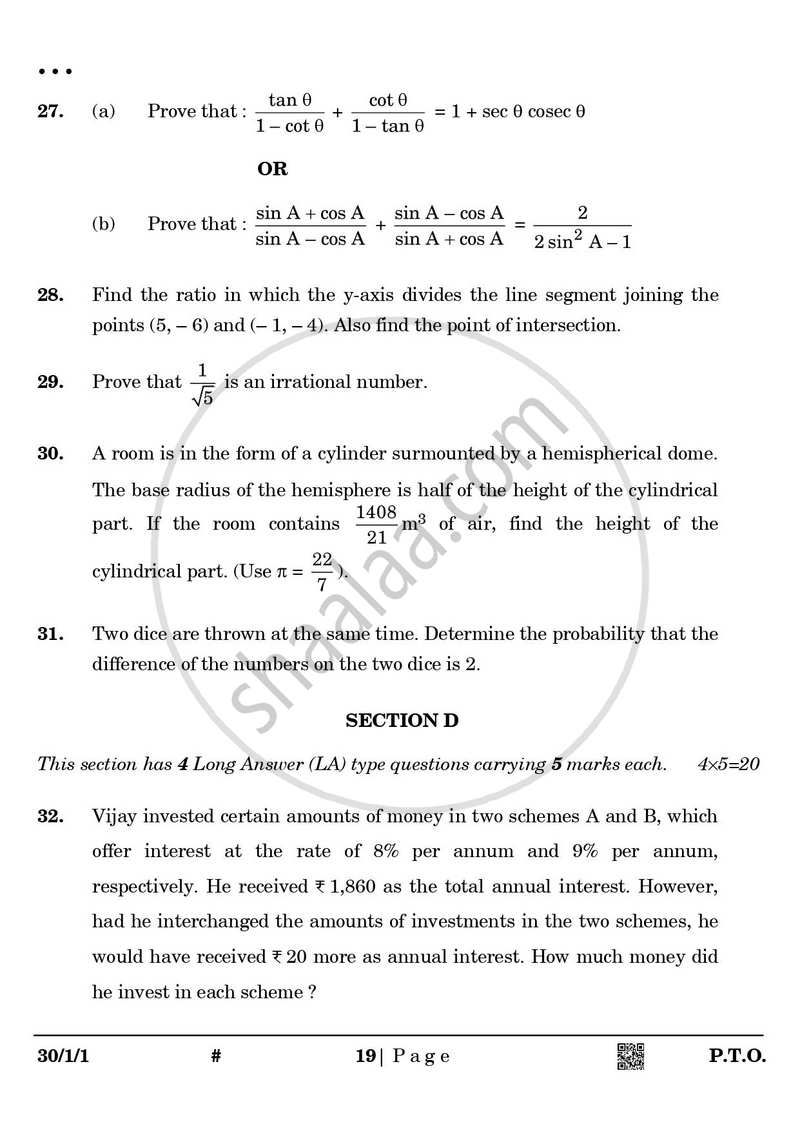 Mathematics 2024-2025 Class 10 - CBSE (Central Board of Secondary Education) question paper with PDF download