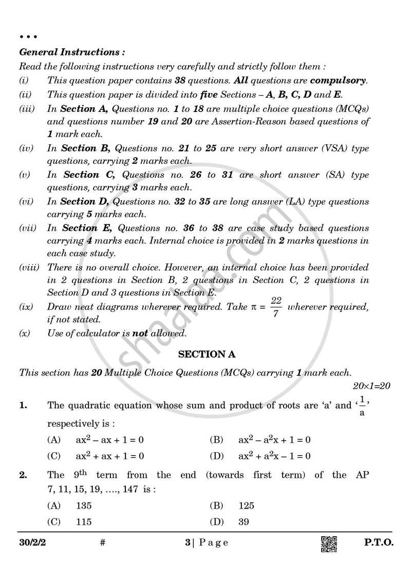 Mathematics 2024-2025 Class 10 - CBSE (Central Board of Secondary Education) question paper with PDF download