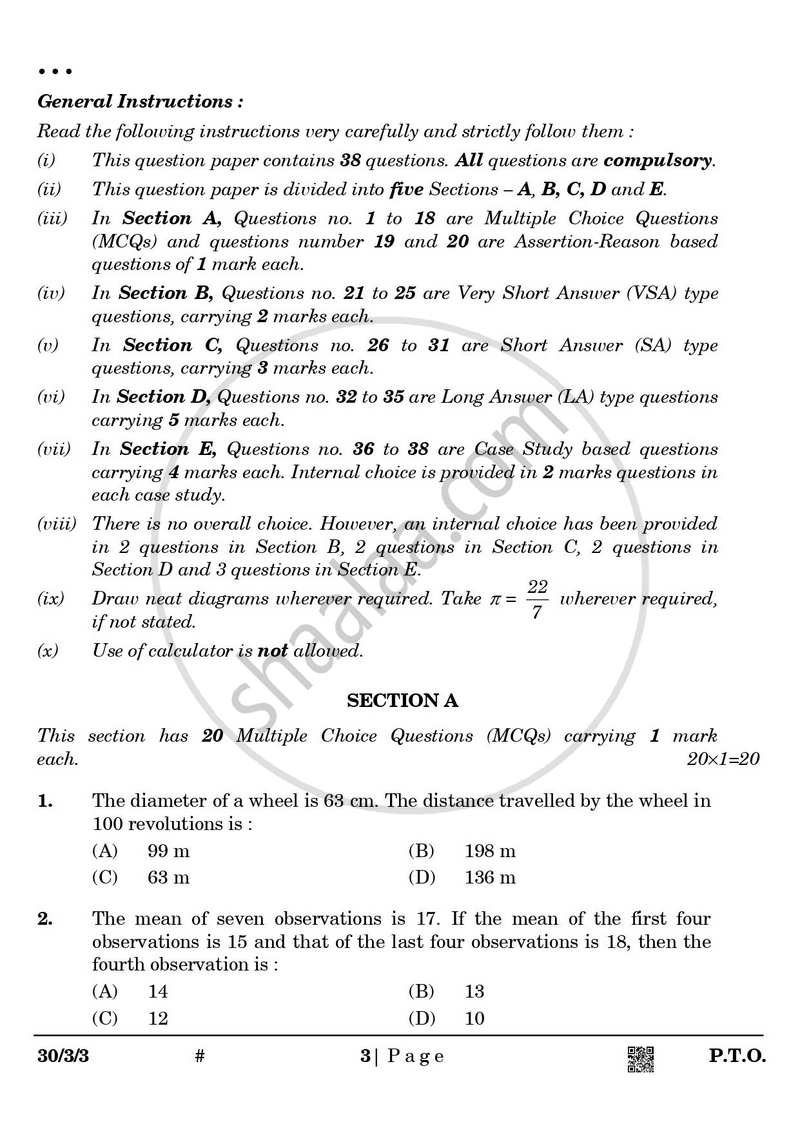 Mathematics 2024-2025 Class 10 - CBSE (Central Board of Secondary Education) question paper with PDF download