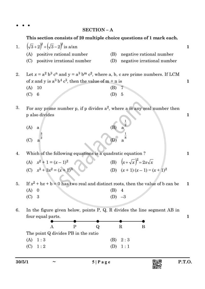 Mathematics 2024-2025 Class 10 - CBSE (Central Board of Secondary Education) question paper with PDF download