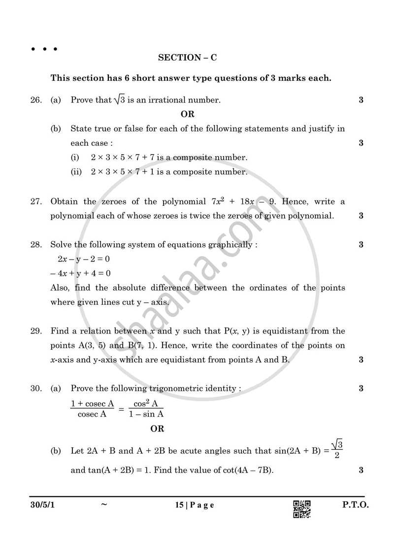 Mathematics 2024-2025 Class 10 - CBSE (Central Board of Secondary Education) question paper with PDF download