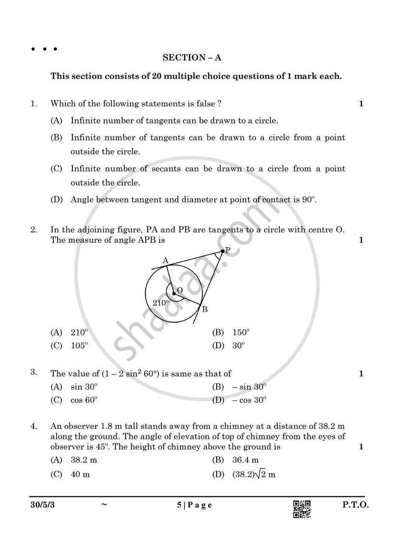Mathematics 2024-2025 Class 10 - CBSE (Central Board of Secondary Education) question paper with PDF download