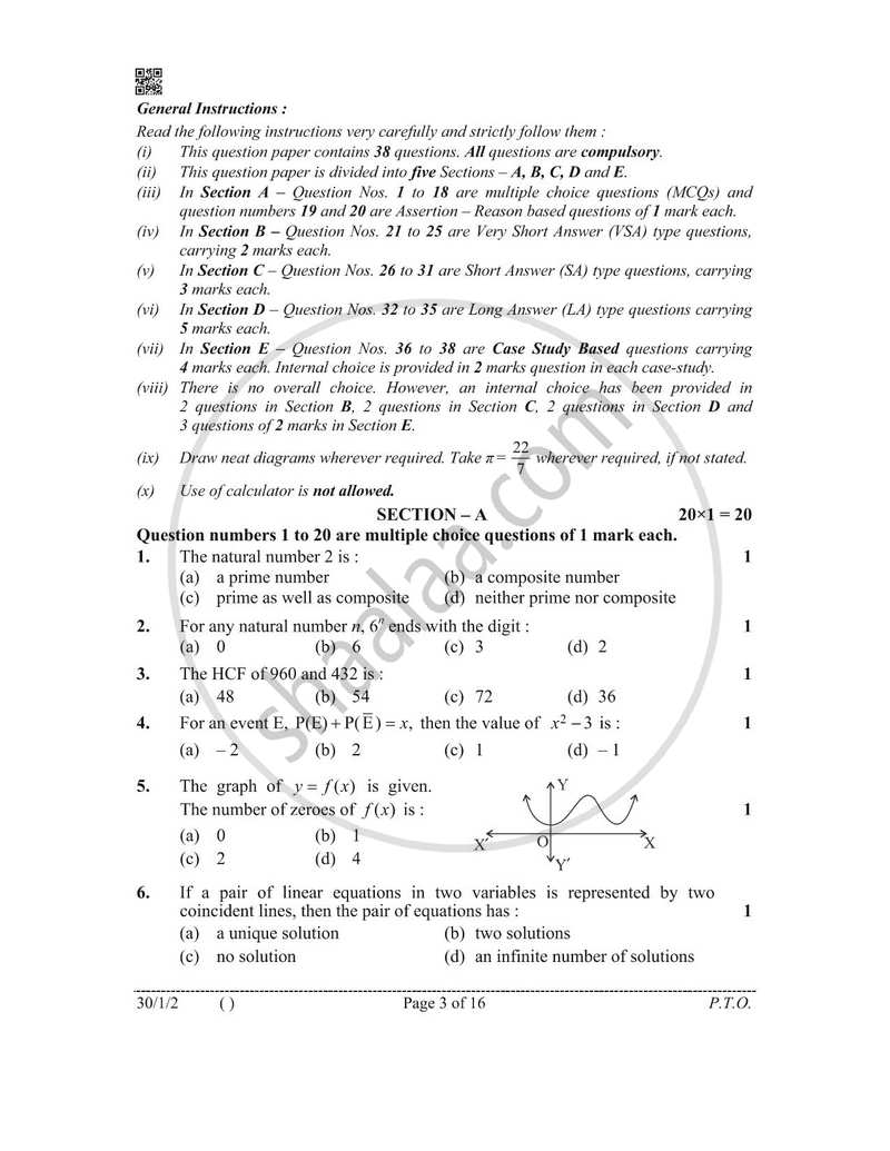 Mathematics 2025-2026 Class 10 - CBSE (Central Board of Secondary Education) question paper with PDF download