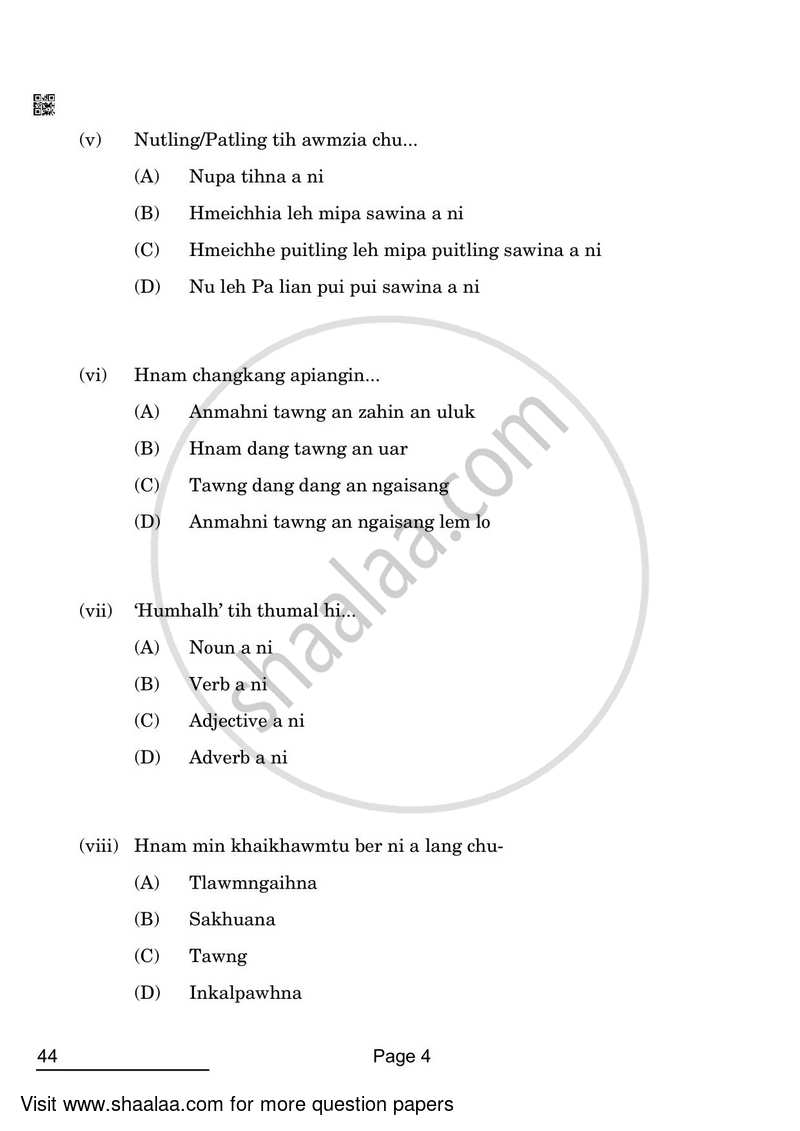 Mizo 2021-2022 Class 10 - CBSE (Central Board of Secondary Education) question paper with PDF download