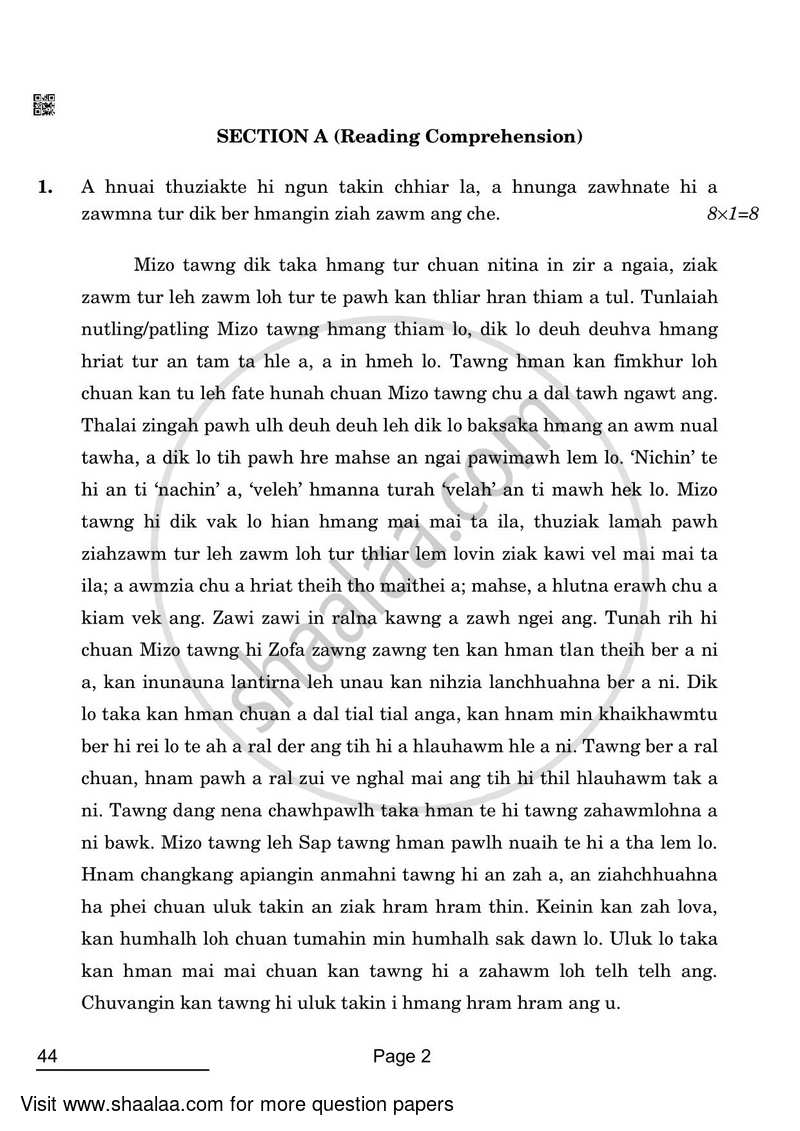 Mizo 2021-2022 Class 10 - CBSE (Central Board of Secondary Education) question paper with PDF download