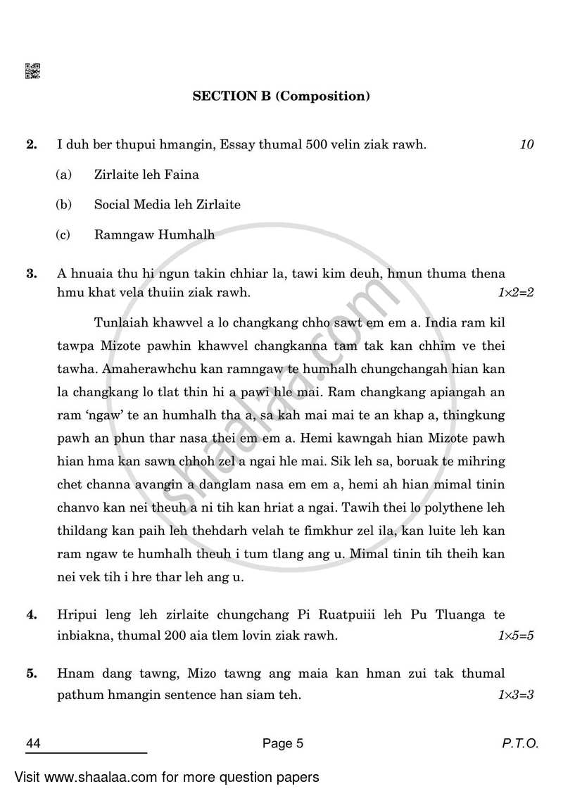 Mizo 2021-2022 Class 10 - CBSE (Central Board of Secondary Education) question paper with PDF download
