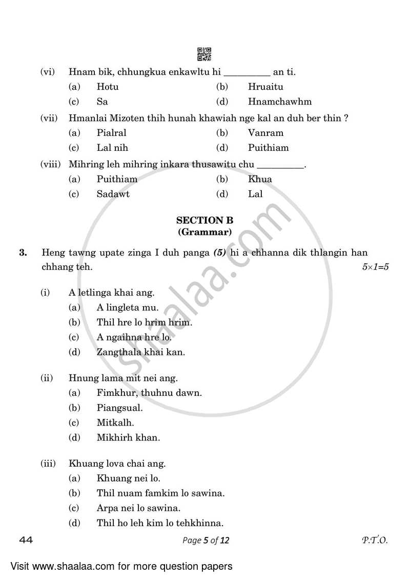 Mizo 2022-2023 Class 10 - CBSE (Central Board of Secondary Education) question paper with PDF download
