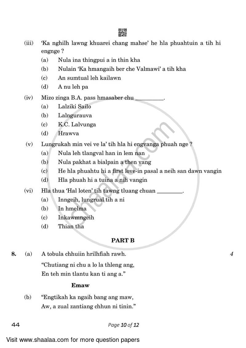 Mizo 2022-2023 Class 10 - CBSE (Central Board of Secondary Education) question paper with PDF download