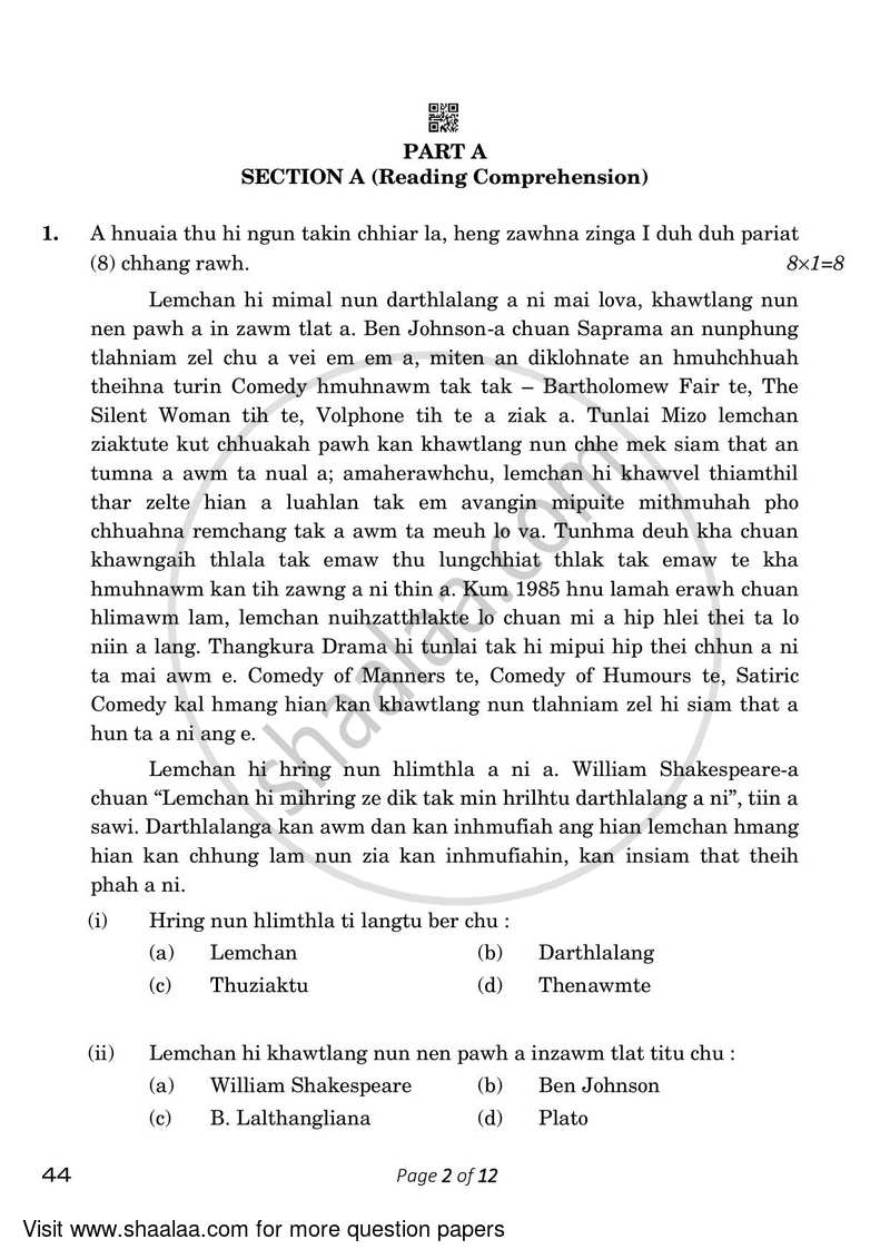 Mizo 2022-2023 Class 10 - CBSE (Central Board of Secondary Education) question paper with PDF download