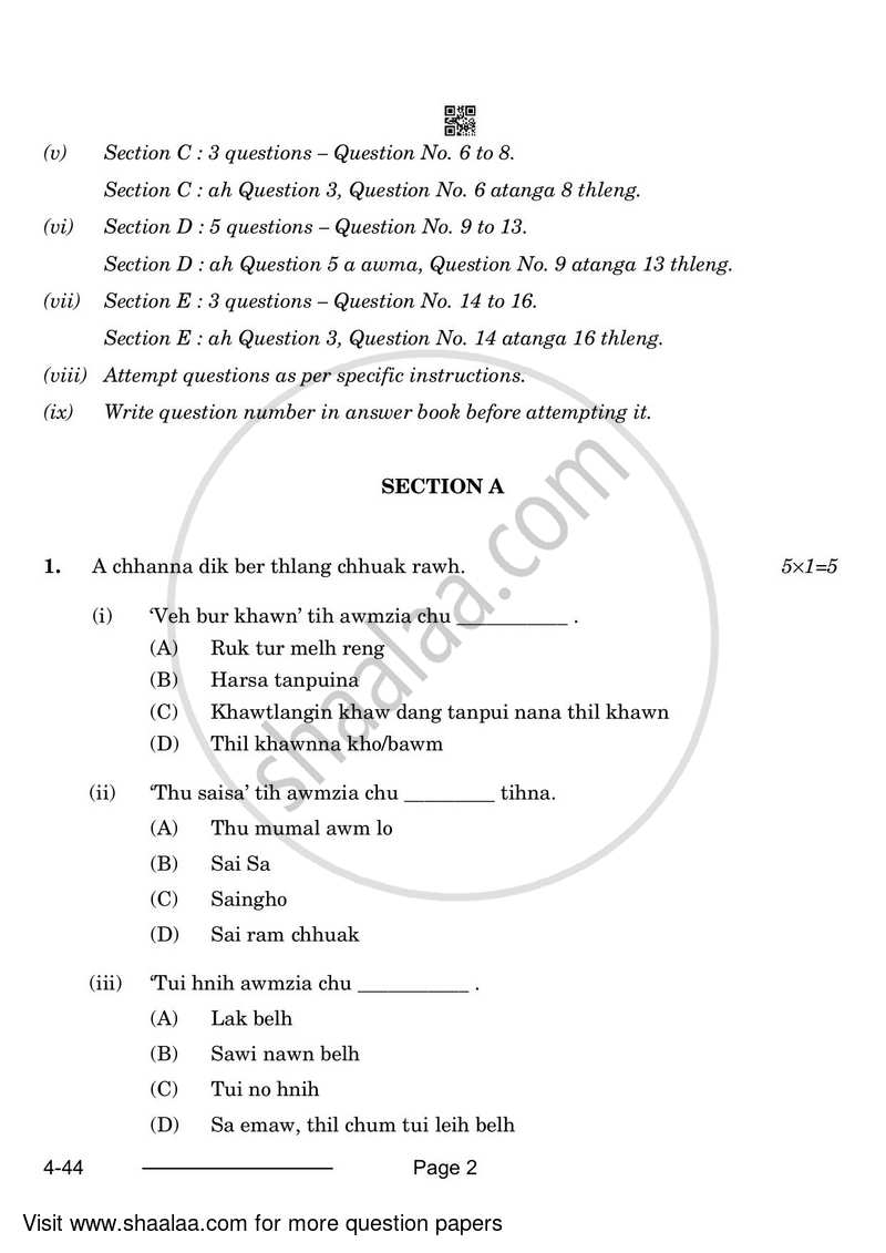 Mizo 2023-2024 Class 10 - CBSE (Central Board of Secondary Education) question paper with PDF download