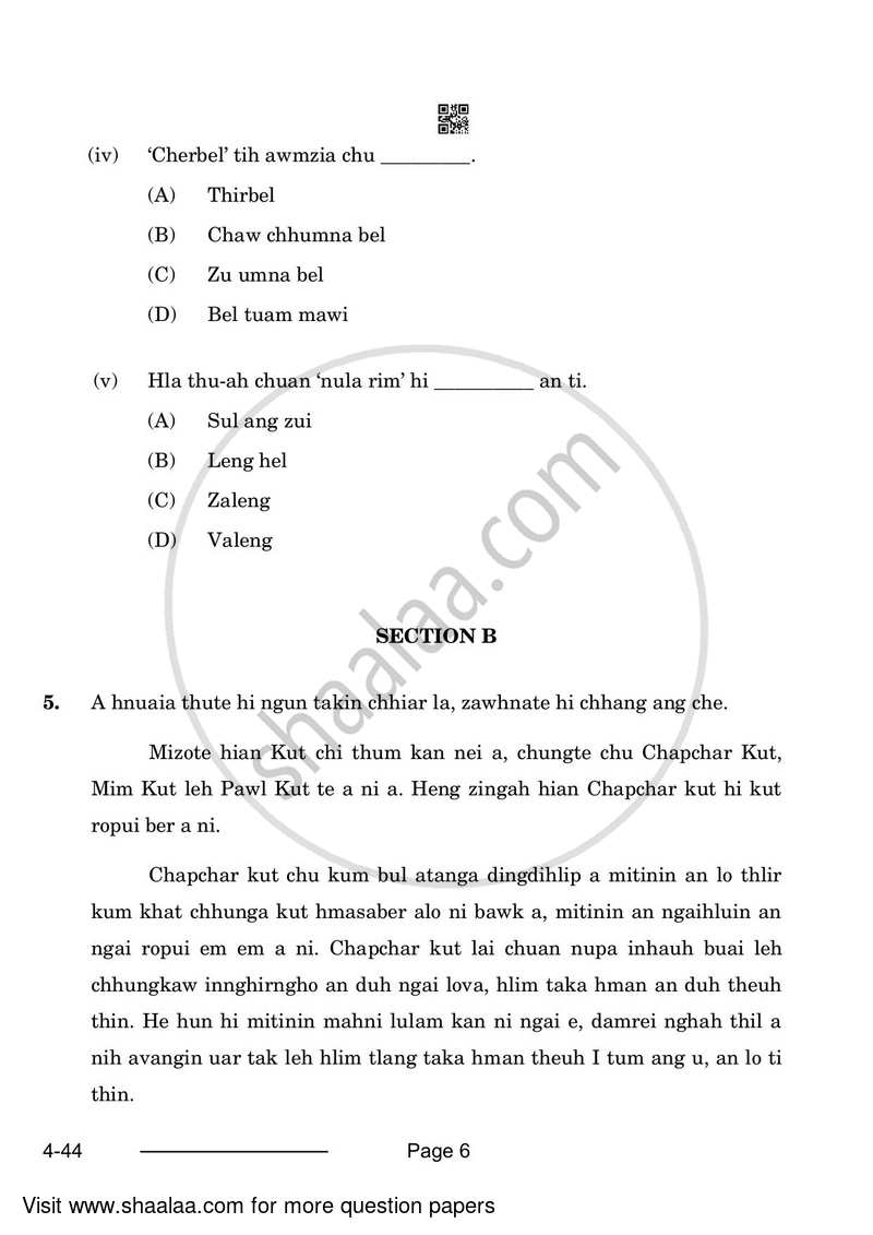 Mizo 2023-2024 Class 10 - CBSE (Central Board of Secondary Education) question paper with PDF download
