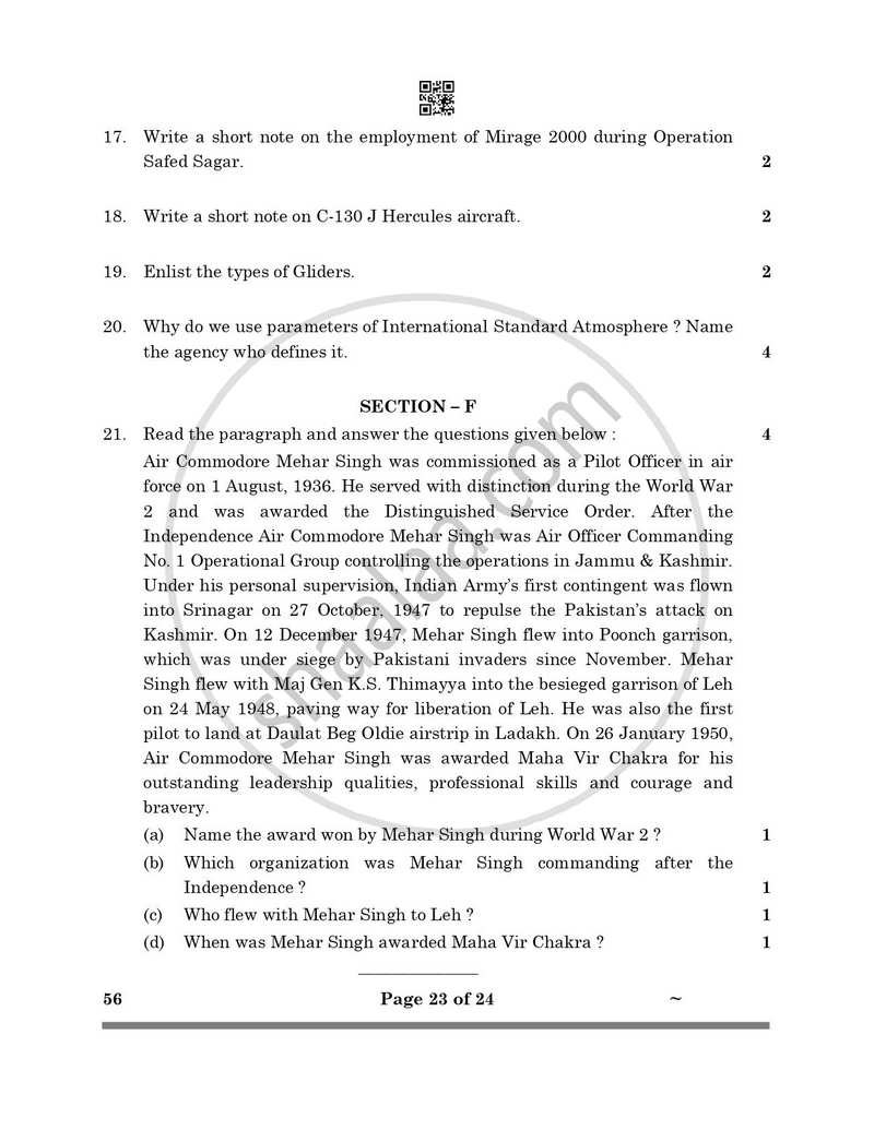 National Cadet Corps 2024-2025 Class 10 - CBSE (Central Board of Secondary Education) question paper with PDF download