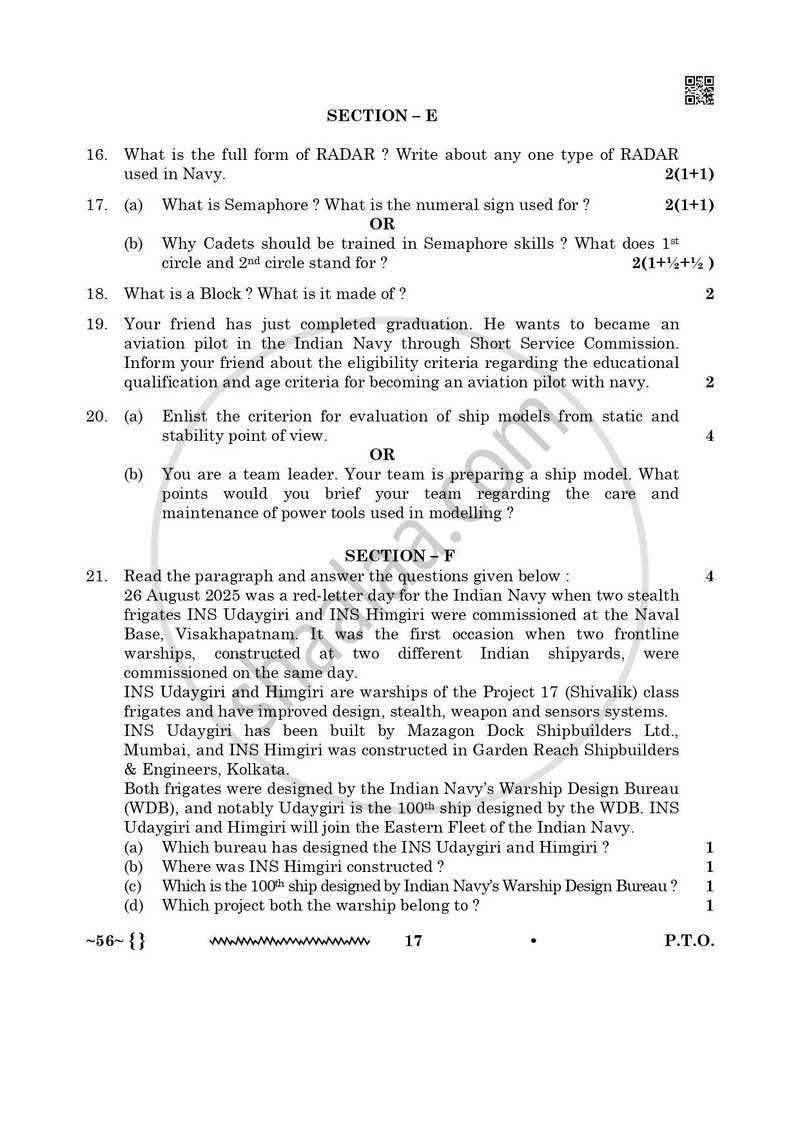 National Cadet Corps 2025-2026 Class 10 - CBSE (Central Board of Secondary Education) question paper with PDF download