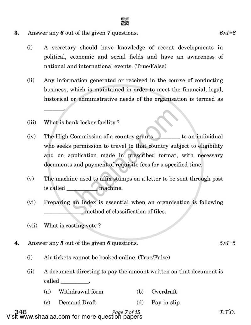 Office Procedure and Practices 2022-2023 Class 12 - CBSE (Central Board of Secondary Education) question paper with PDF download