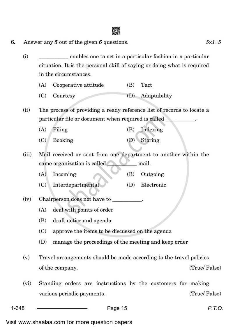 Office Procedure and Practices 2023-2024 Class 12 - CBSE (Central Board of Secondary Education) question paper with PDF download