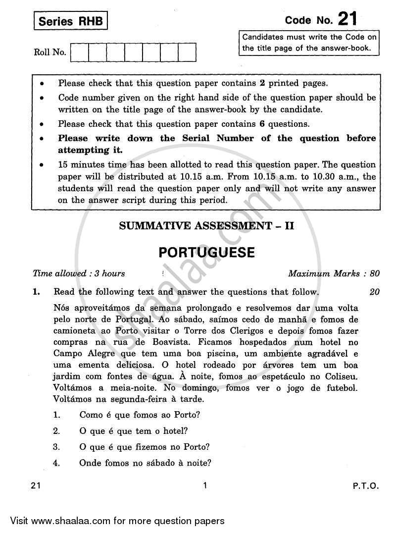 Portuguese 2010-2011 Class 10 - CBSE (Central Board of Secondary Education) question paper with PDF download