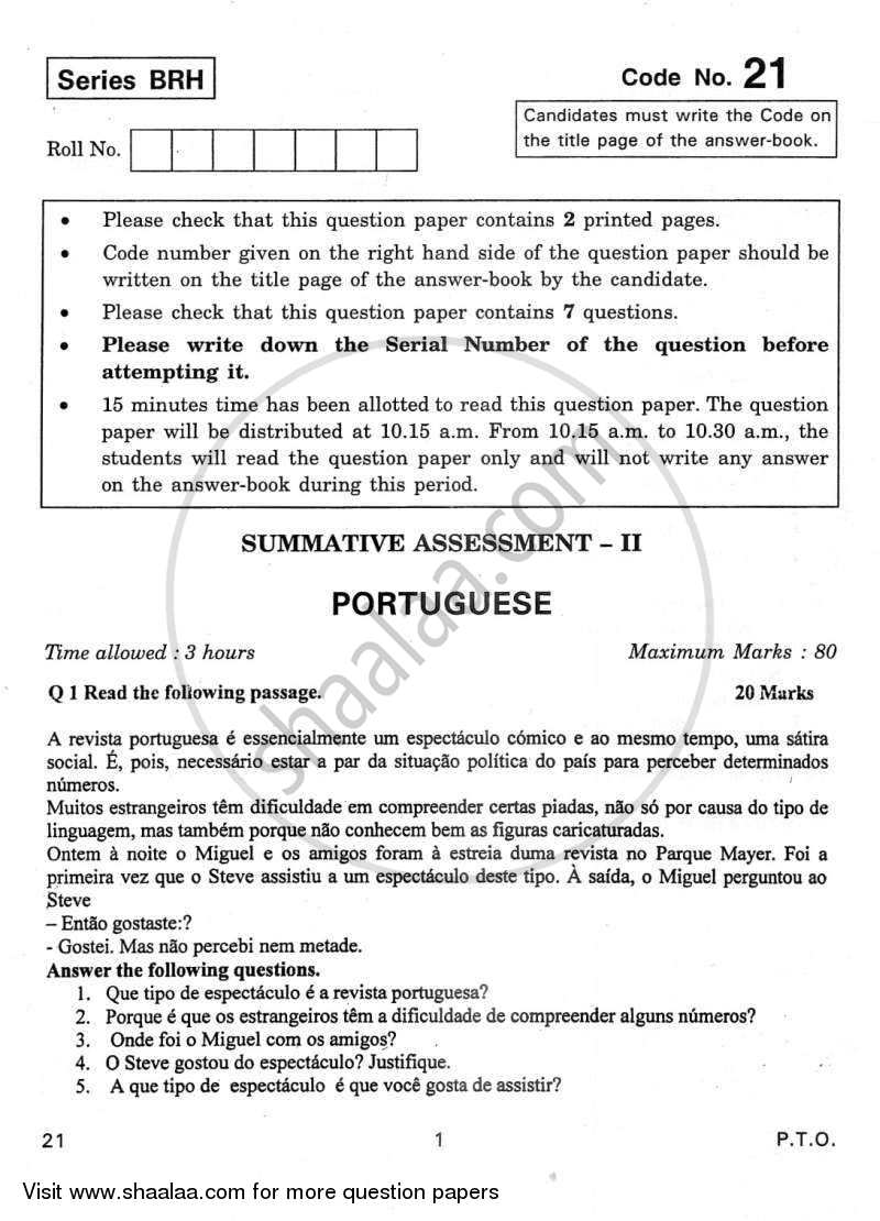 Portuguese 2011-2012 Class 10 - CBSE (Central Board of Secondary Education) question paper with PDF download