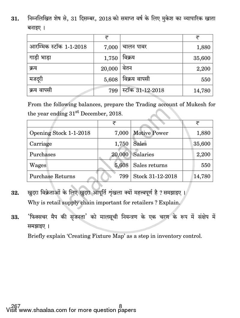 Retail Operations 2018-2019 Class 12 - CBSE (Central Board of Secondary Education) question paper with PDF download