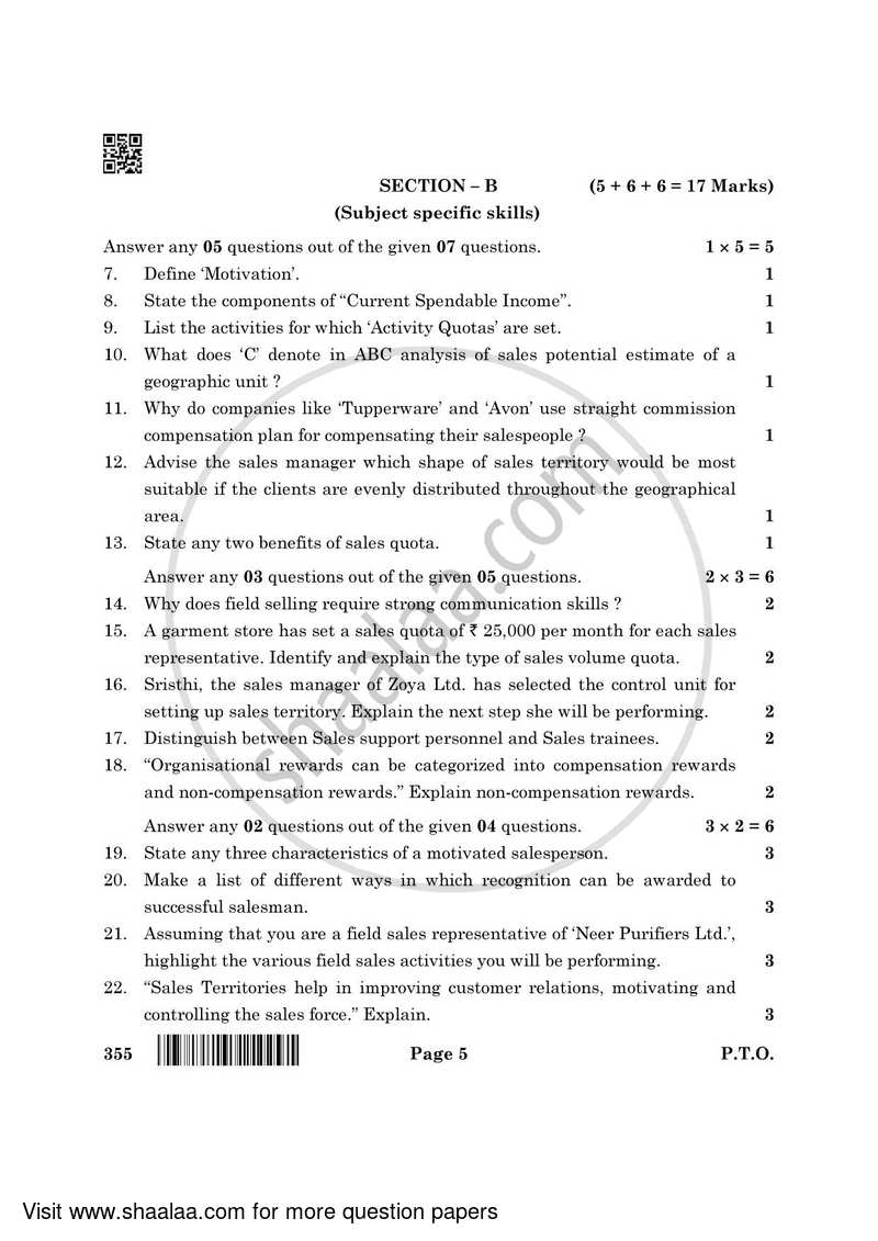 Salesmanship 2021-2022 Class 12 - CBSE (Central Board of Secondary Education) question paper with PDF download