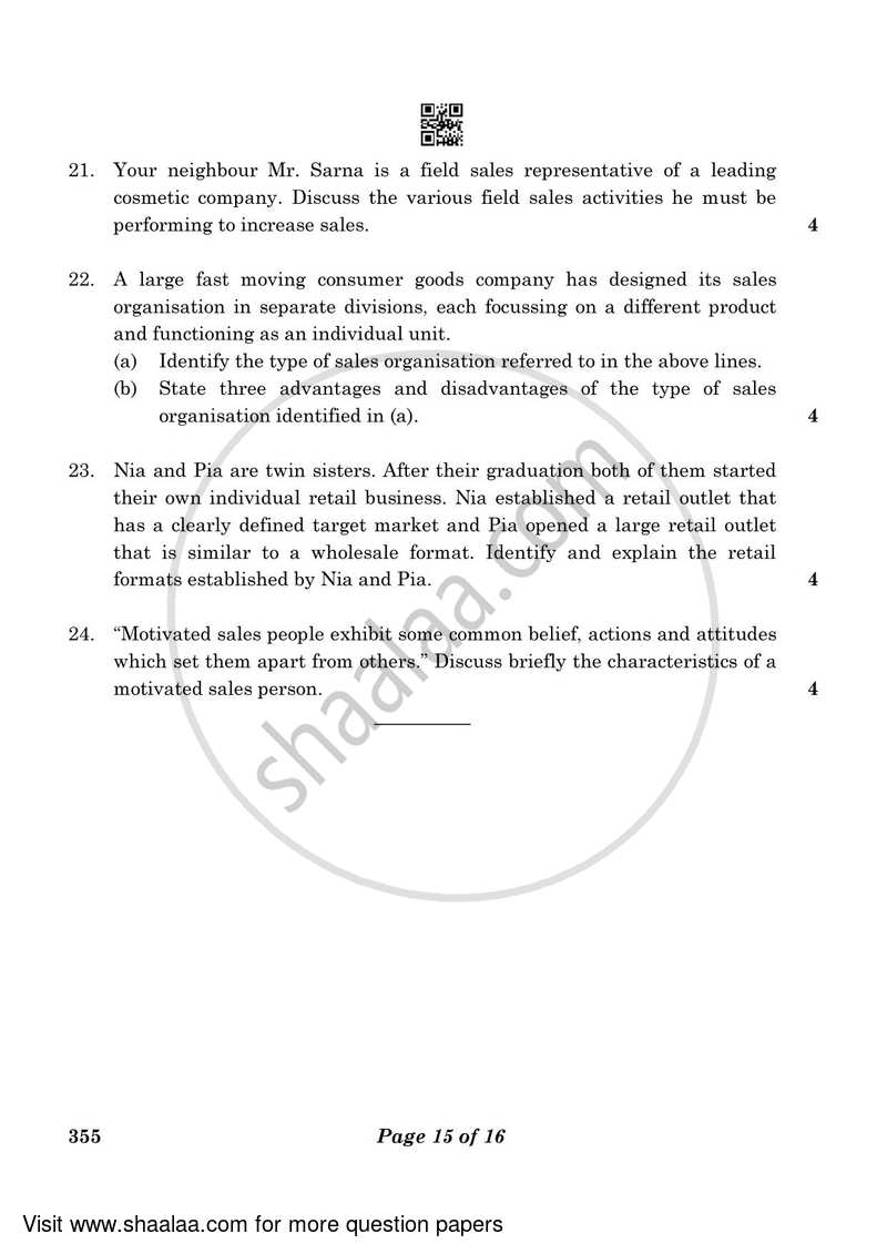 Salesmanship 2022-2023 Class 12 - CBSE (Central Board of Secondary Education) question paper with PDF download