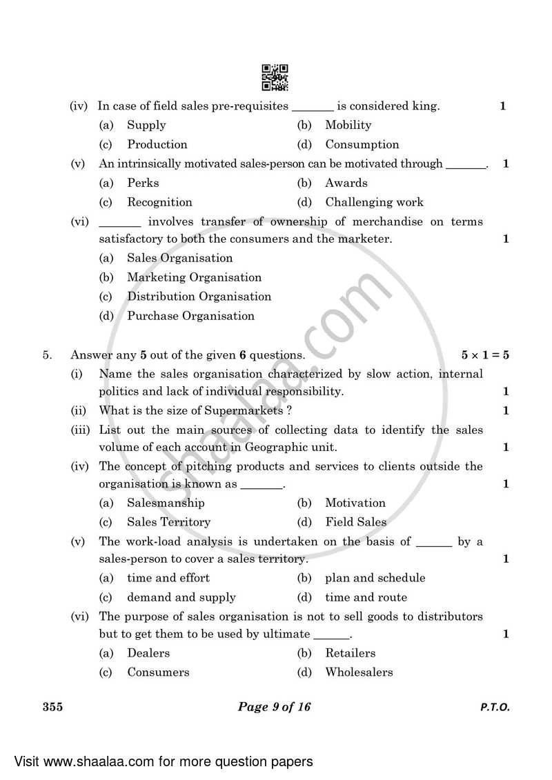 Salesmanship 2022-2023 Class 12 - CBSE (Central Board of Secondary Education) question paper with PDF download