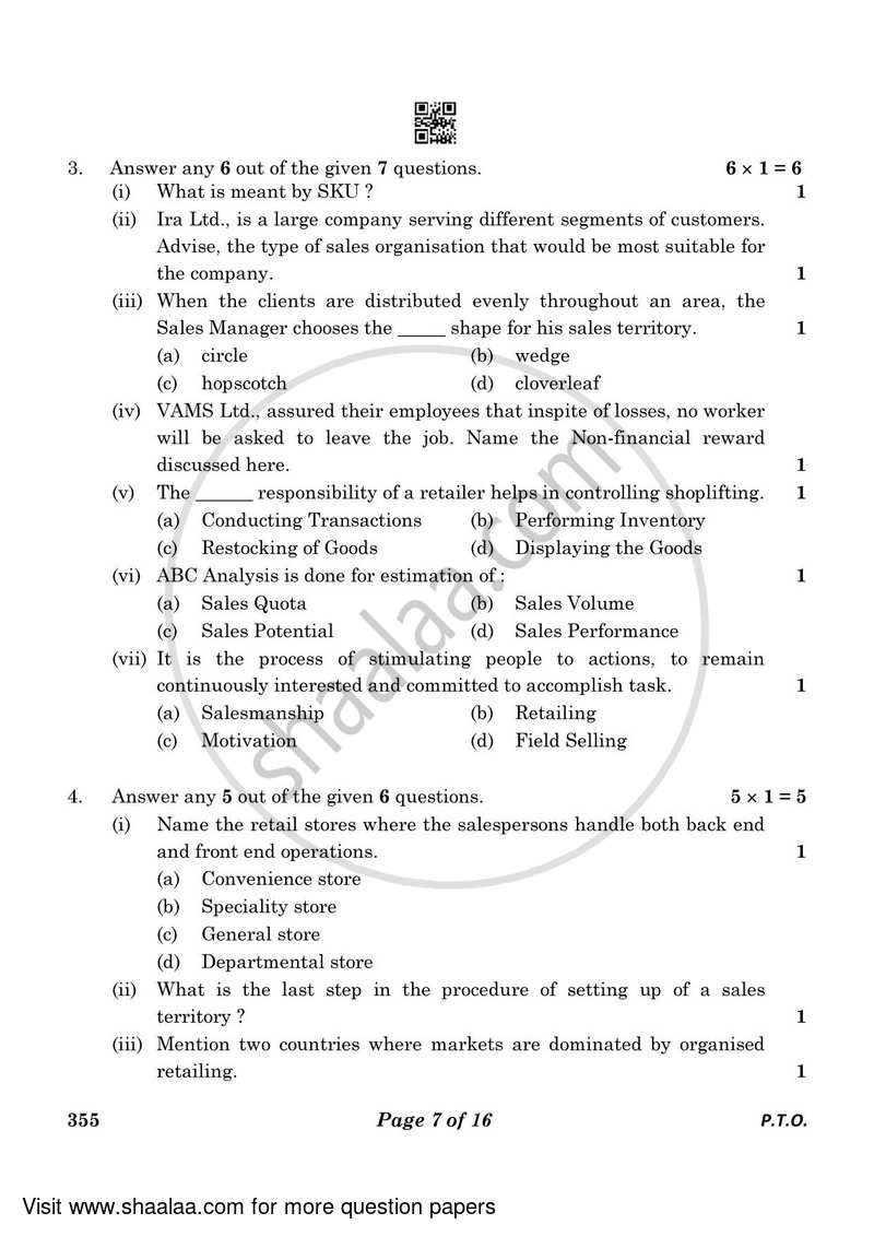 Salesmanship 2022-2023 Class 12 - CBSE (Central Board of Secondary Education) question paper with PDF download