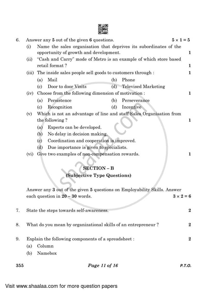 Salesmanship 2022-2023 Class 12 - CBSE (Central Board of Secondary Education) question paper with PDF download