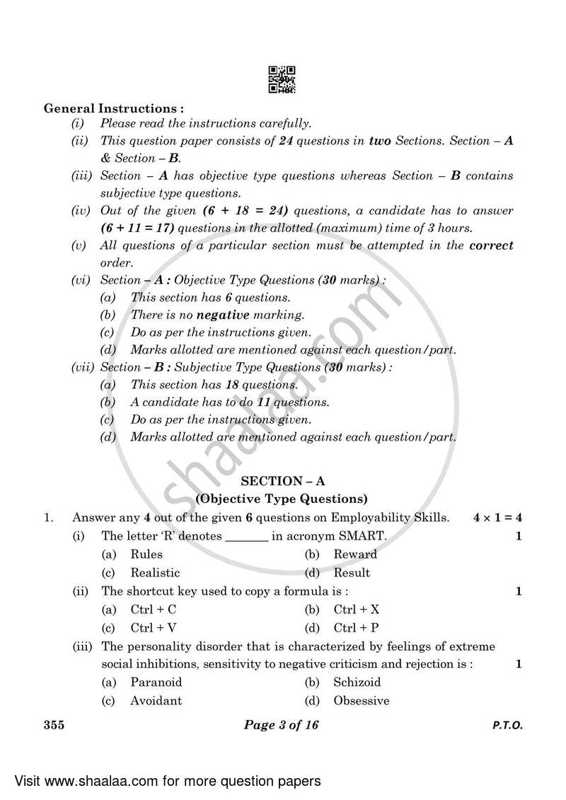 Salesmanship 2022-2023 Class 12 - CBSE (Central Board of Secondary Education) question paper with PDF download
