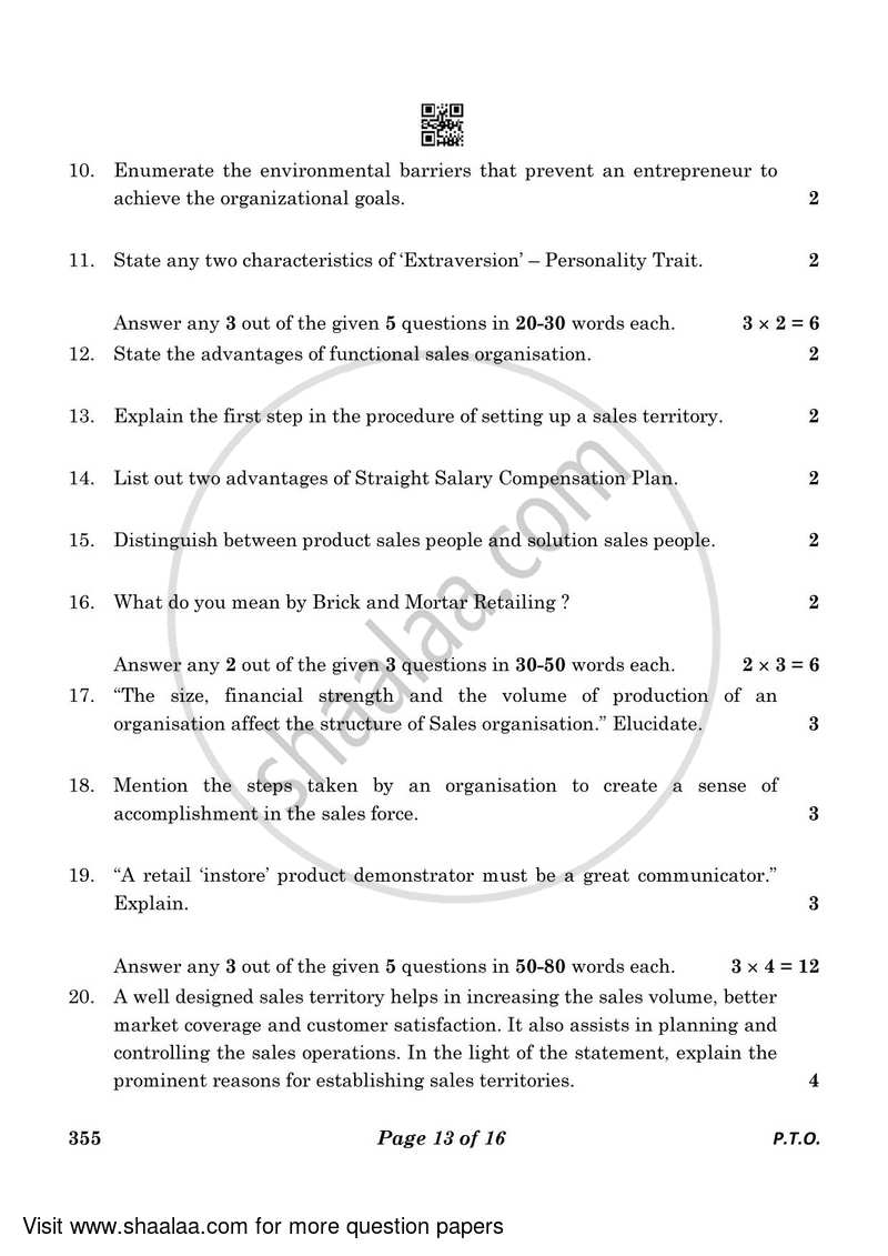 Salesmanship 2022-2023 Class 12 - CBSE (Central Board of Secondary Education) question paper with PDF download
