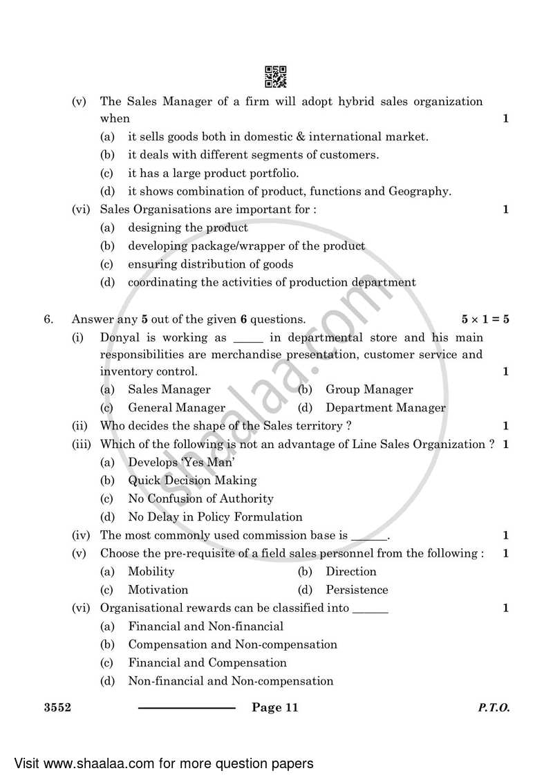 Salesmanship 2023-2024 Class 12 - CBSE (Central Board of Secondary Education) question paper with PDF download