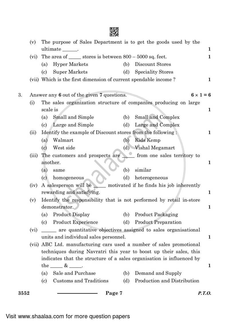 Salesmanship 2023-2024 Class 12 - CBSE (Central Board of Secondary Education) question paper with PDF download