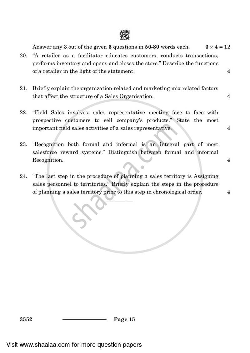 Salesmanship 2023-2024 Class 12 - CBSE (Central Board of Secondary Education) question paper with PDF download