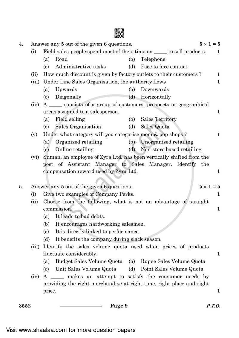 Salesmanship 2023-2024 Class 12 - CBSE (Central Board of Secondary Education) question paper with PDF download