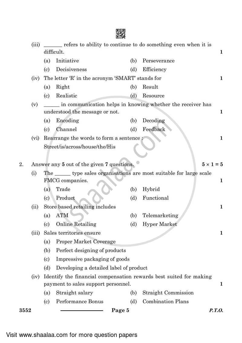Salesmanship 2023-2024 Class 12 - CBSE (Central Board of Secondary Education) question paper with PDF download